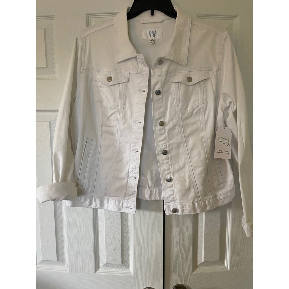 Time and Tru Denim Jacket Women XL White Trucker Cotton Stretch Boho Cottagecore